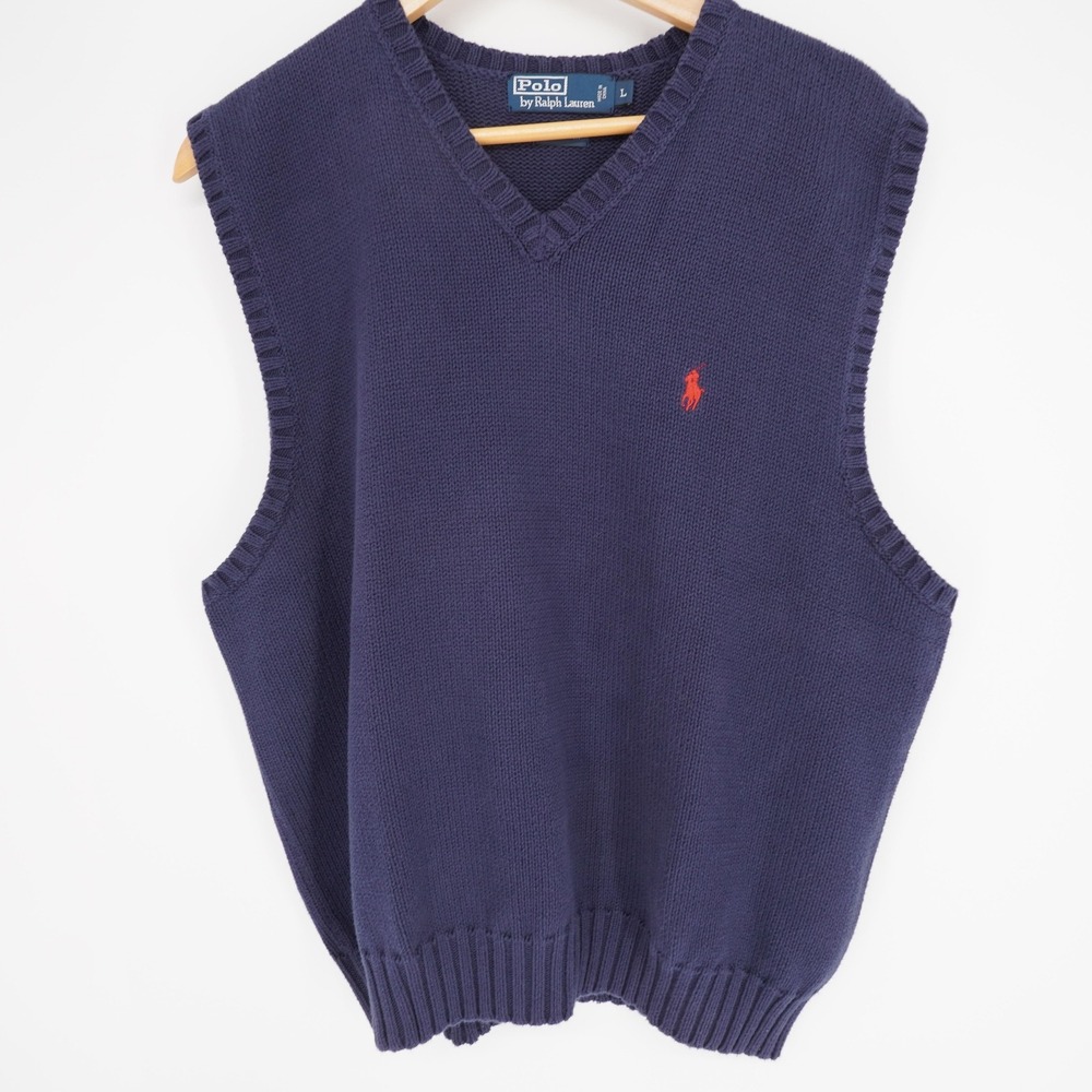 Polo By Ralph Lauren Sweater Vest Mens L Navy Blue Cotton V-Neck Classic Logo